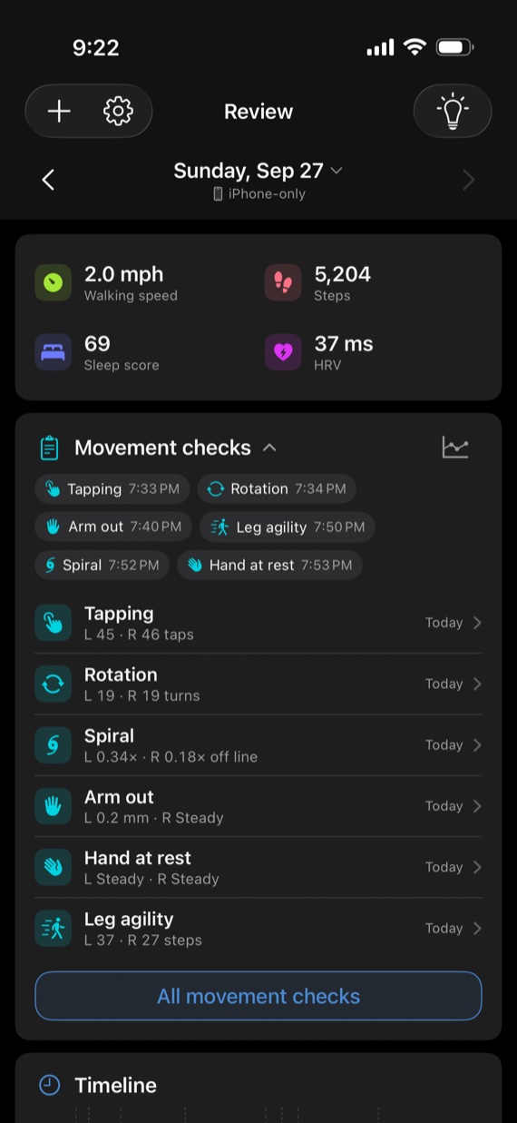 Kampa's Review screen in iPhone-only mode: walking speed 2.0 mph, 5,204 steps, sleep score 69 and HRV 37 ms above a Movement checks panel with six checks, each shown with the time it was taken