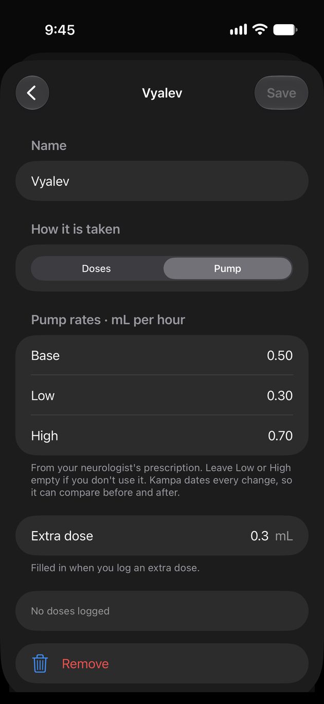 Kampa's medication screen for Vyalev set to Pump, with Base 0.50, Low 0.30 and High 0.70 mL per hour, and an extra dose of 0.3 mL