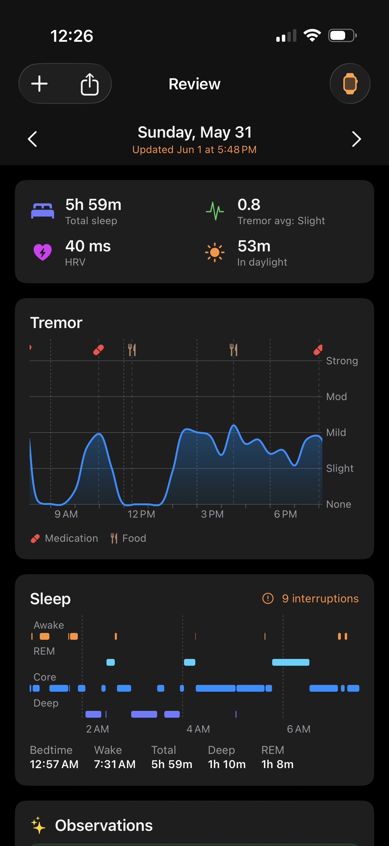 Daily overview — sleep, tremor, HRV, daylight