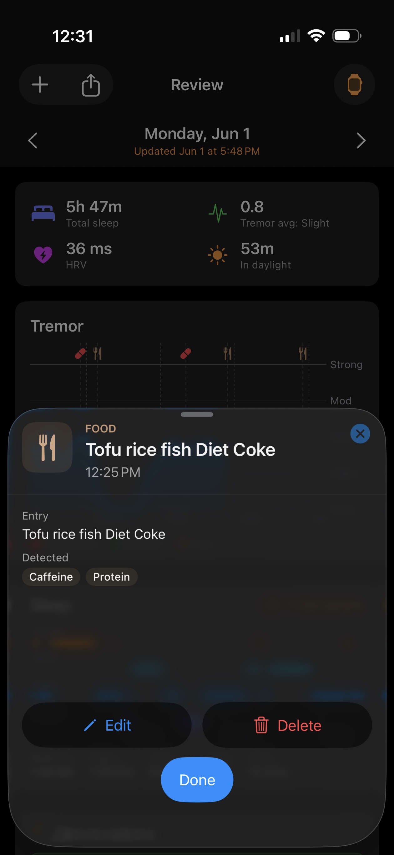 Food entry with detected attributes