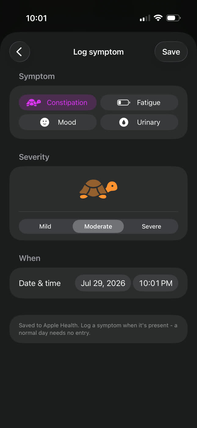 Kampa's Log symptom screen: chips for Constipation, Fatigue, Mood and Urinary, a Mild/Moderate/Severe severity control, and a date and time
