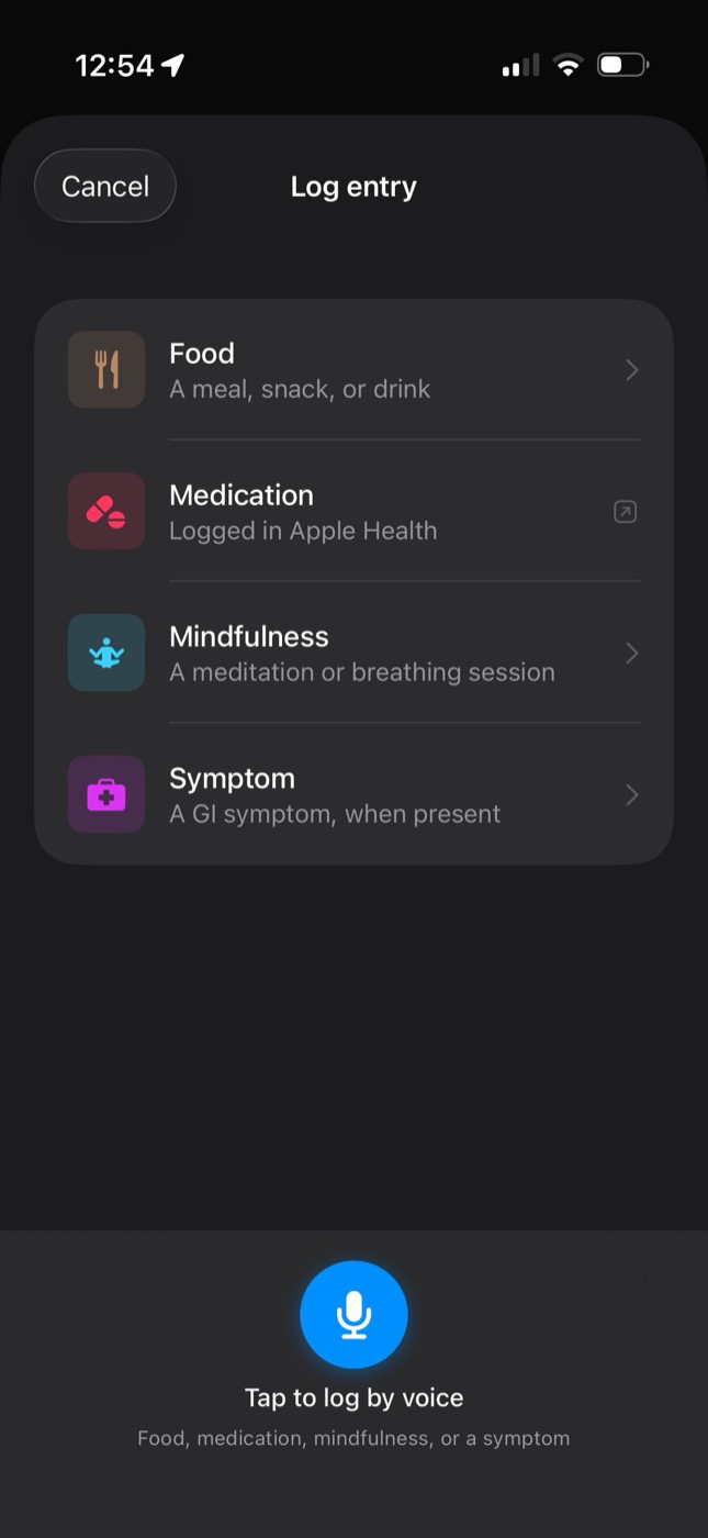 Kampa Log entry screen with Food, Medication, Mindfulness and Symptom, and a Tap to log by voice mic button