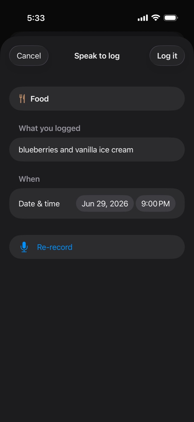 Kampa parsing the voice entry into Food, dated to 9:00 PM the night before