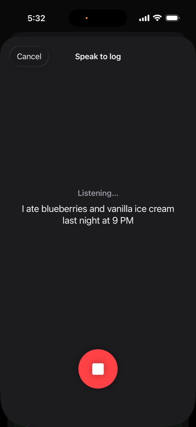 Kampa Speak to log screen transcribing 'I ate blueberries and vanilla ice cream last night at 9 PM'